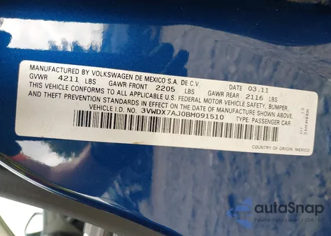 2011 Volkswagen Jetta 2.5L Se из США, поврежденный, VIN 3VWDX7AJ0BM091510